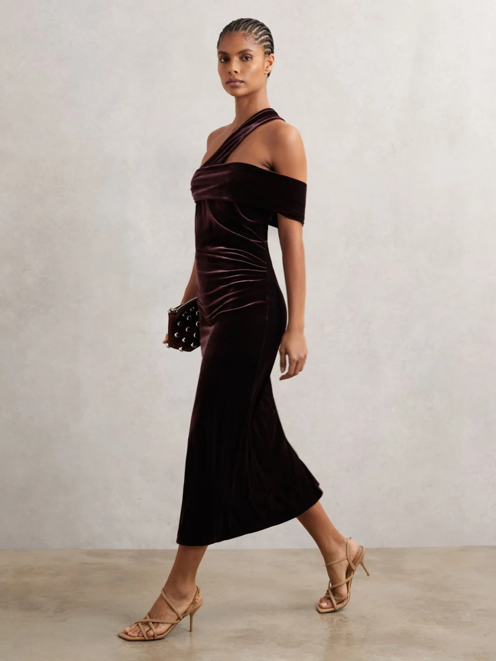 Reiss Burgundy Velvet One-Shoulder Midi Dress, view 3