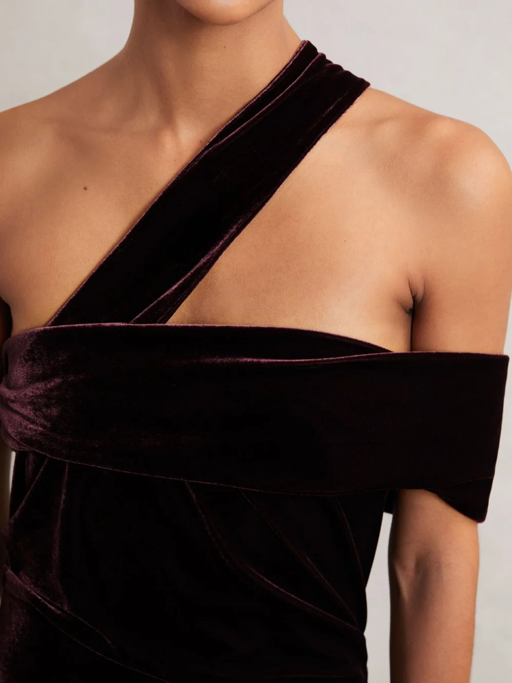 Reiss Burgundy Velvet One-Shoulder Midi Dress, view 4