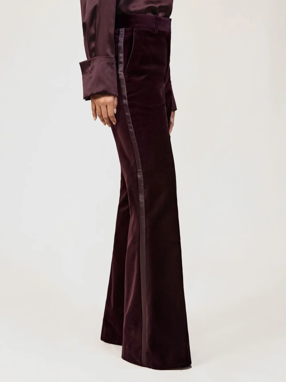 Reiss Burgundy Velvet Tuxedo-stripe Flared Trousers, view 4