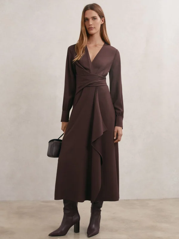 Reiss Burgundy Wrap-Front Draped Midi Dress