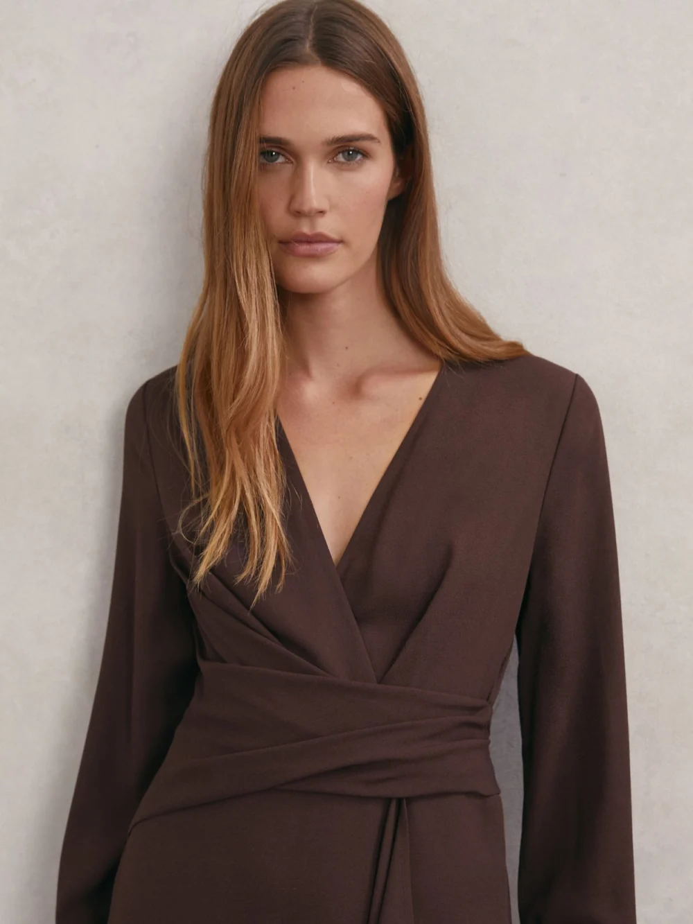 Reiss Burgundy Wrap-Front Draped Midi Dress, view 3