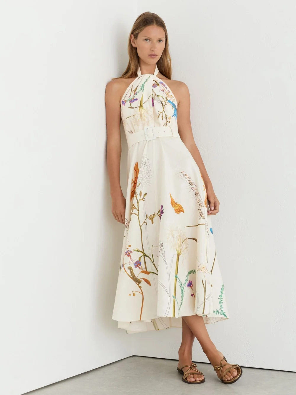 Reiss Butterfly-print Halterneck Midi Dress, view 3