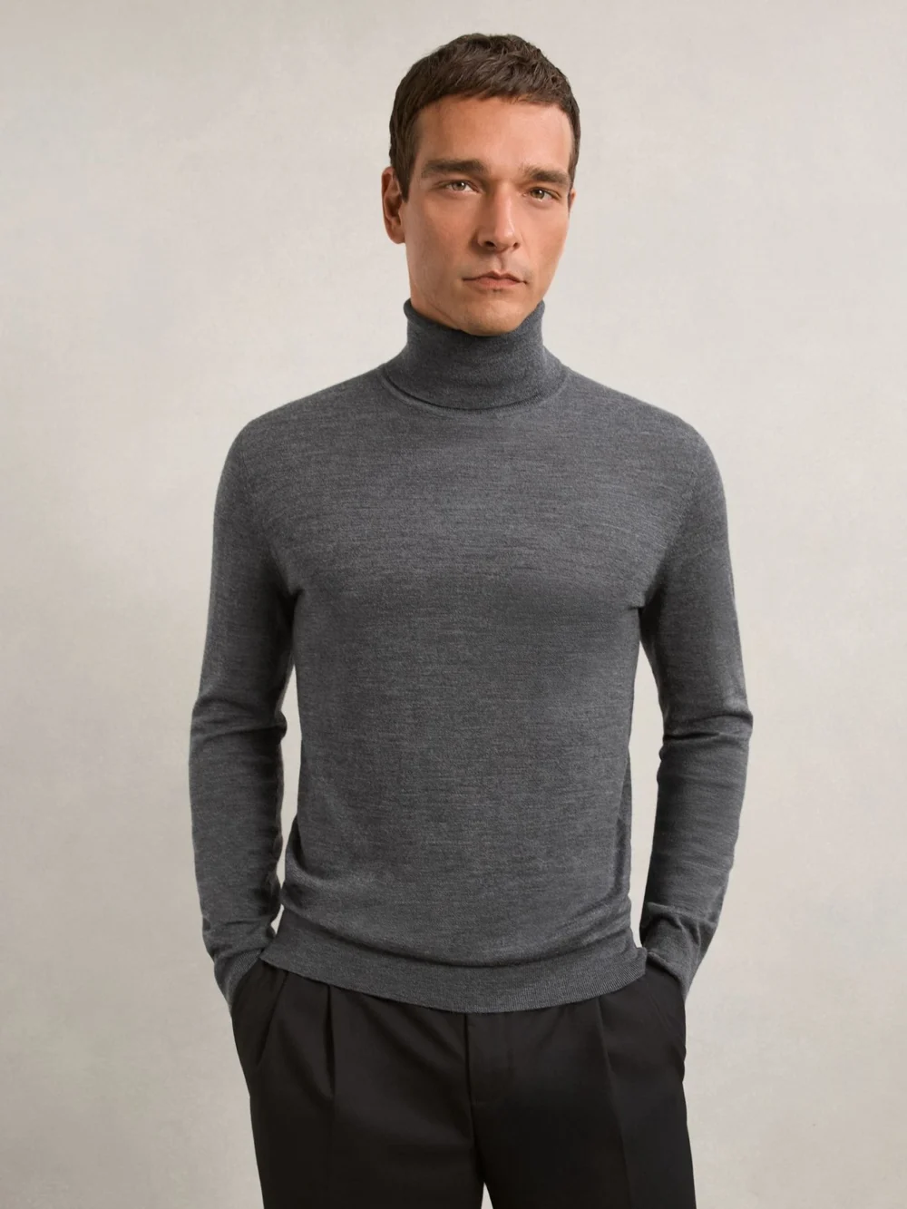 Reiss Caine Men's Dark Grey Wool Slim Fit Merino Roll Neck Jumper