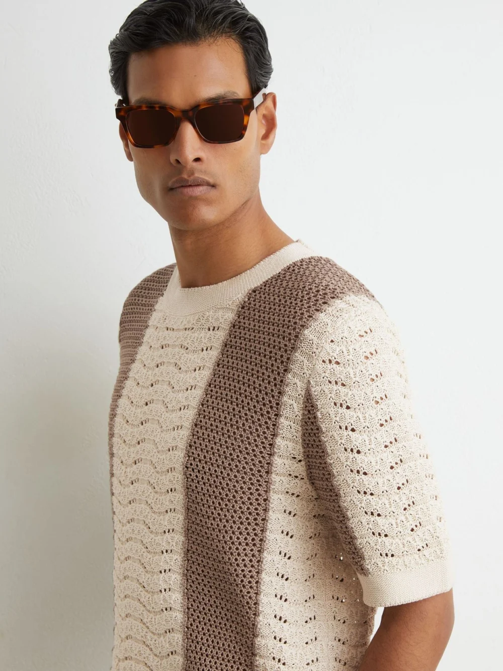 Reiss Camel & Off White Cotton Crochet-knit Striped T-shirt in camel/off white