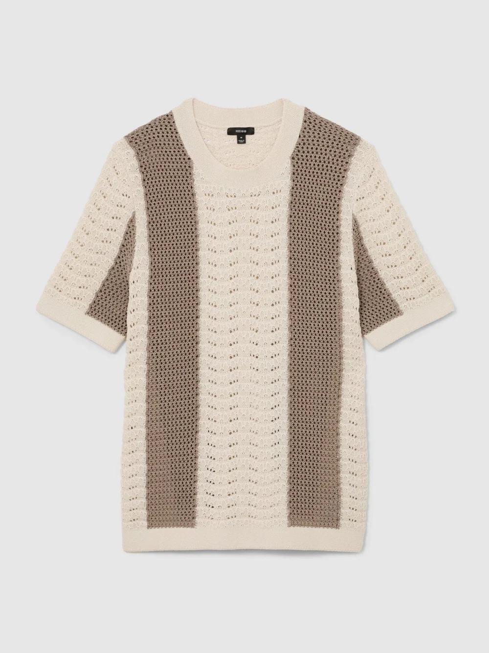 Reiss Camel & Off White Cotton Crochet-knit Striped T-shirt, view 2