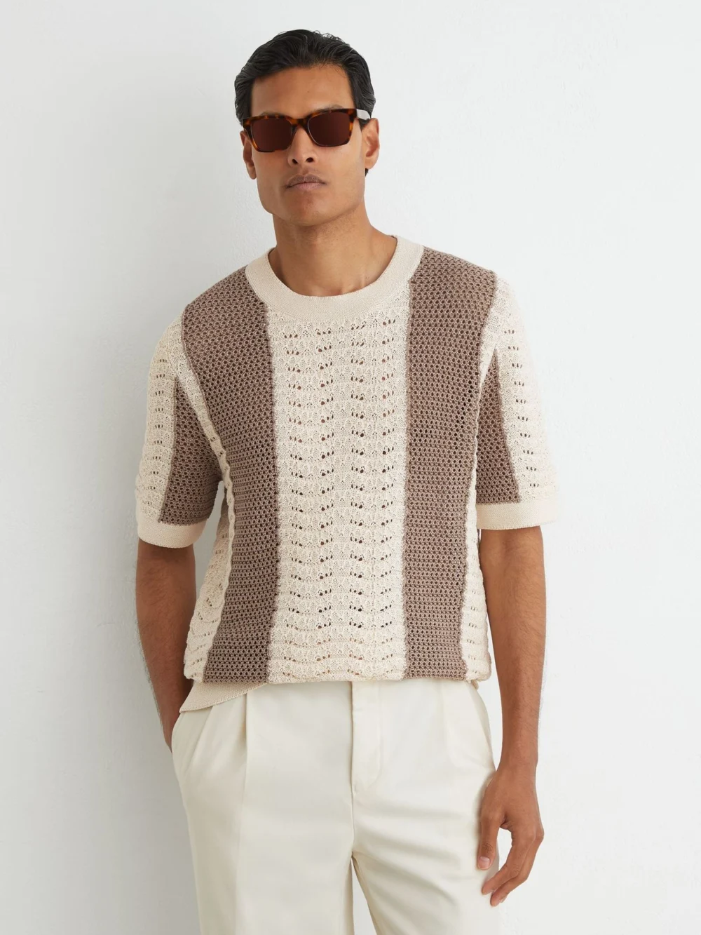 Reiss Camel & Off White Cotton Crochet-knit Striped T-shirt, view 3