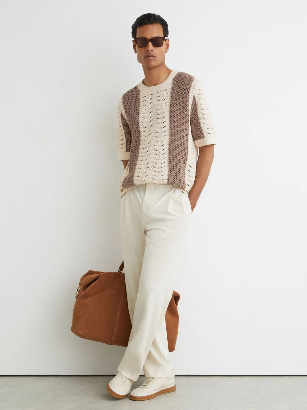 Reiss Camel & Off White Cotton Crochet-knit Striped T-shirt, view 4
