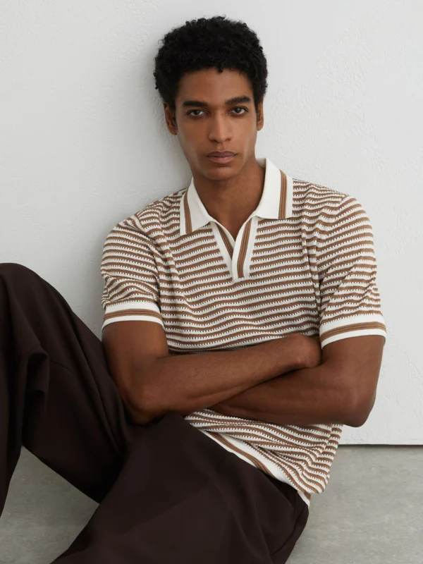 Reiss Camel & Off White Stripe Knit Open-collar Polo Shirt with Linen