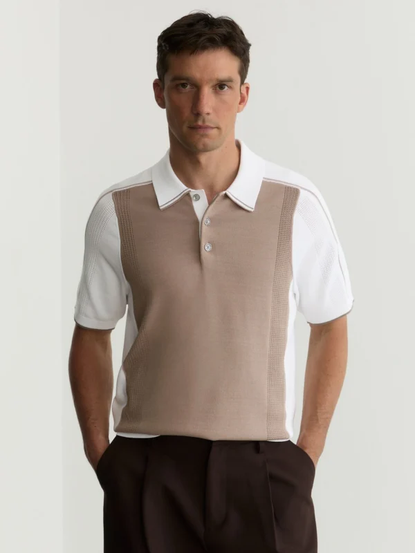 Reiss Camel & White Colour-block Knitted Polo Shirt