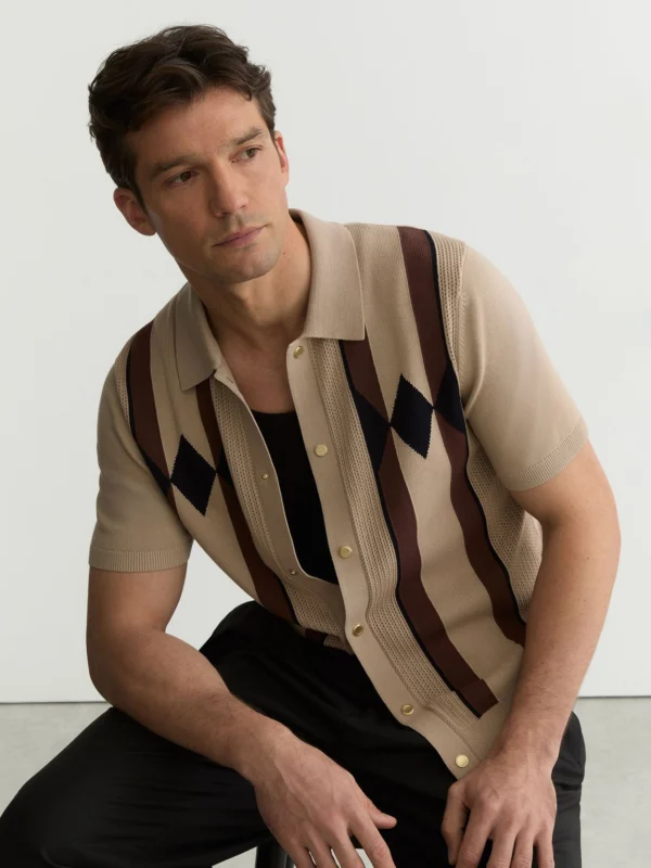 Reiss Camel Brown Argyle-knit Press-stud Polo Shirt