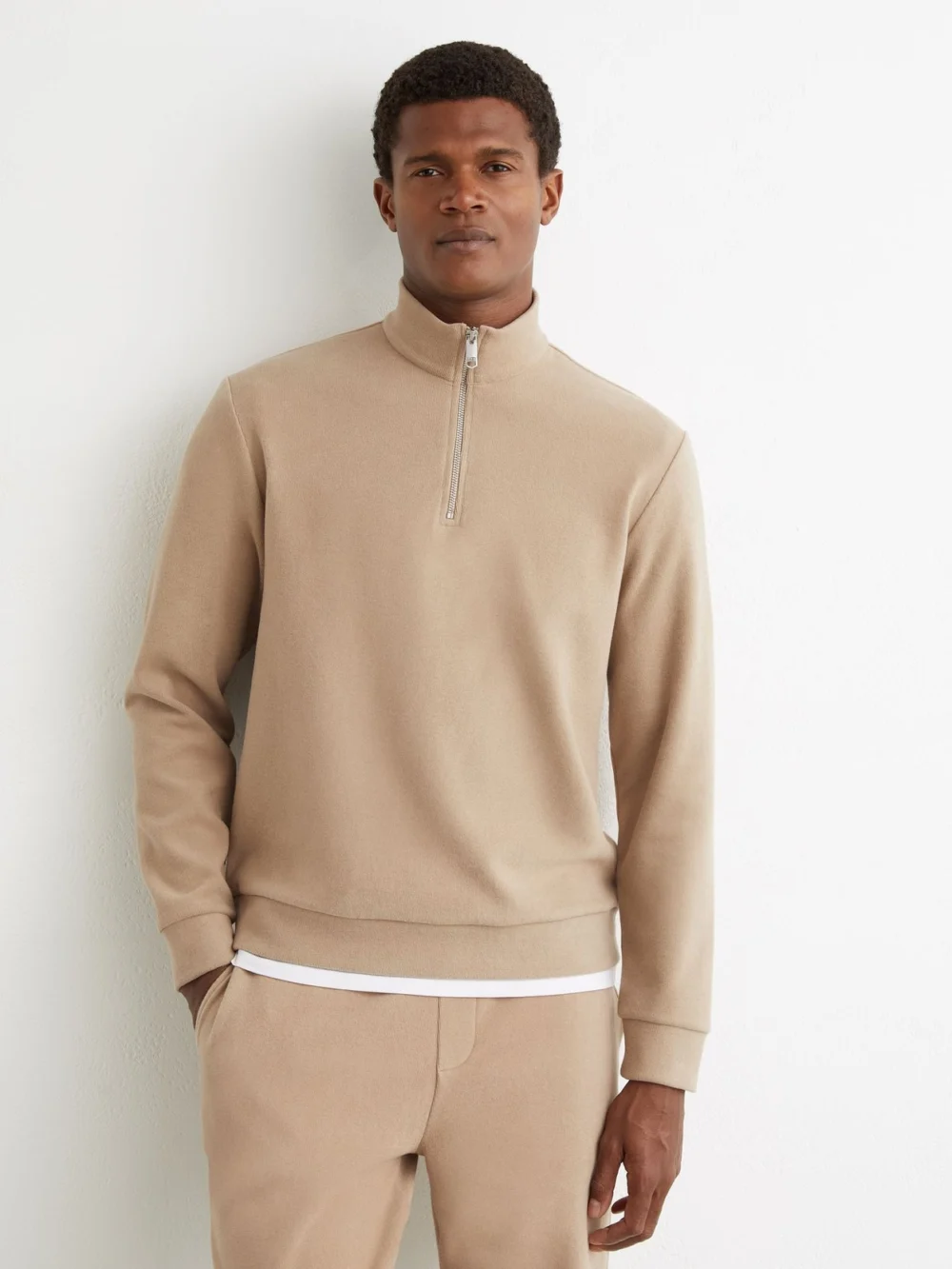 Reiss Camel Brown Cotton-blend Ribbed Half-zip Jumper