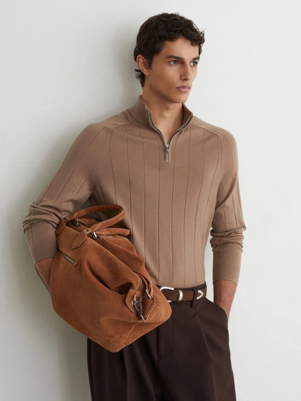 Reiss Camel Brown Merino Wool Wide-rib Half-zip Jumper