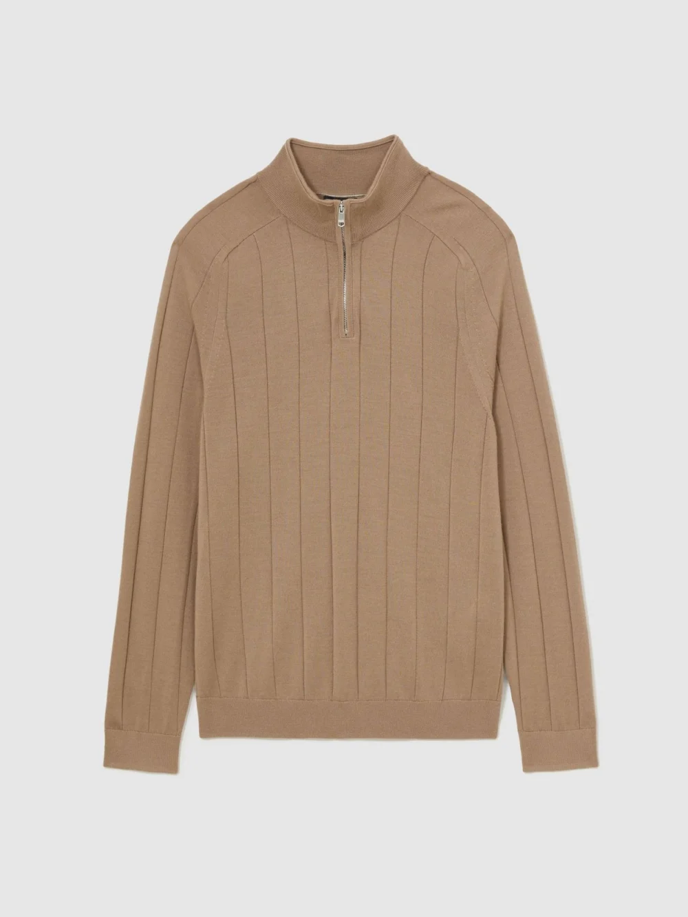 Reiss Camel Brown Merino Wool Wide-rib Half-zip Jumper, view 2