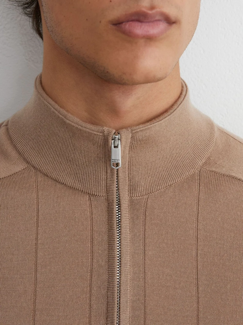 Reiss Camel Brown Merino Wool Wide-rib Half-zip Jumper, view 3