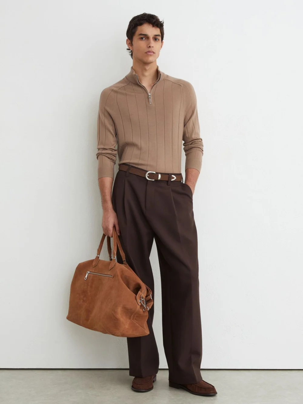 Reiss Camel Brown Merino Wool Wide-rib Half-zip Jumper, view 4