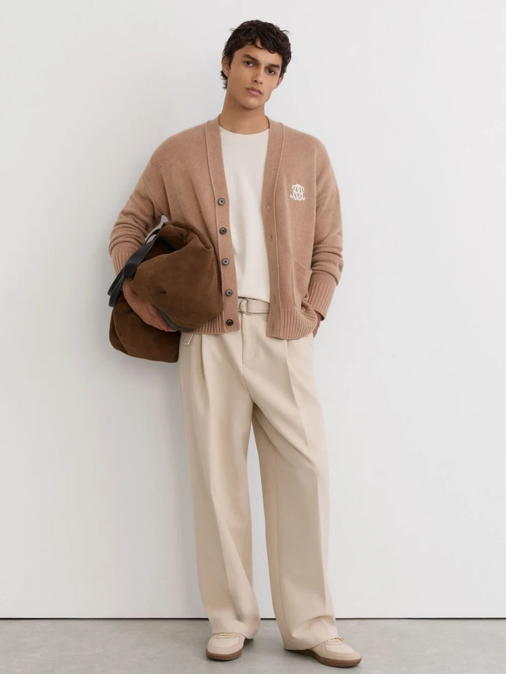 Reiss Camel Brown Monogram Embroidered Relaxed Wool Cardigan