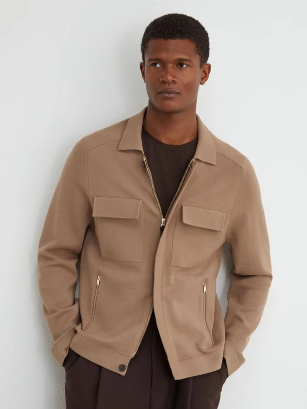 Reiss Camel Brown Twin-pocket Concealed-placket Knitted Jacket