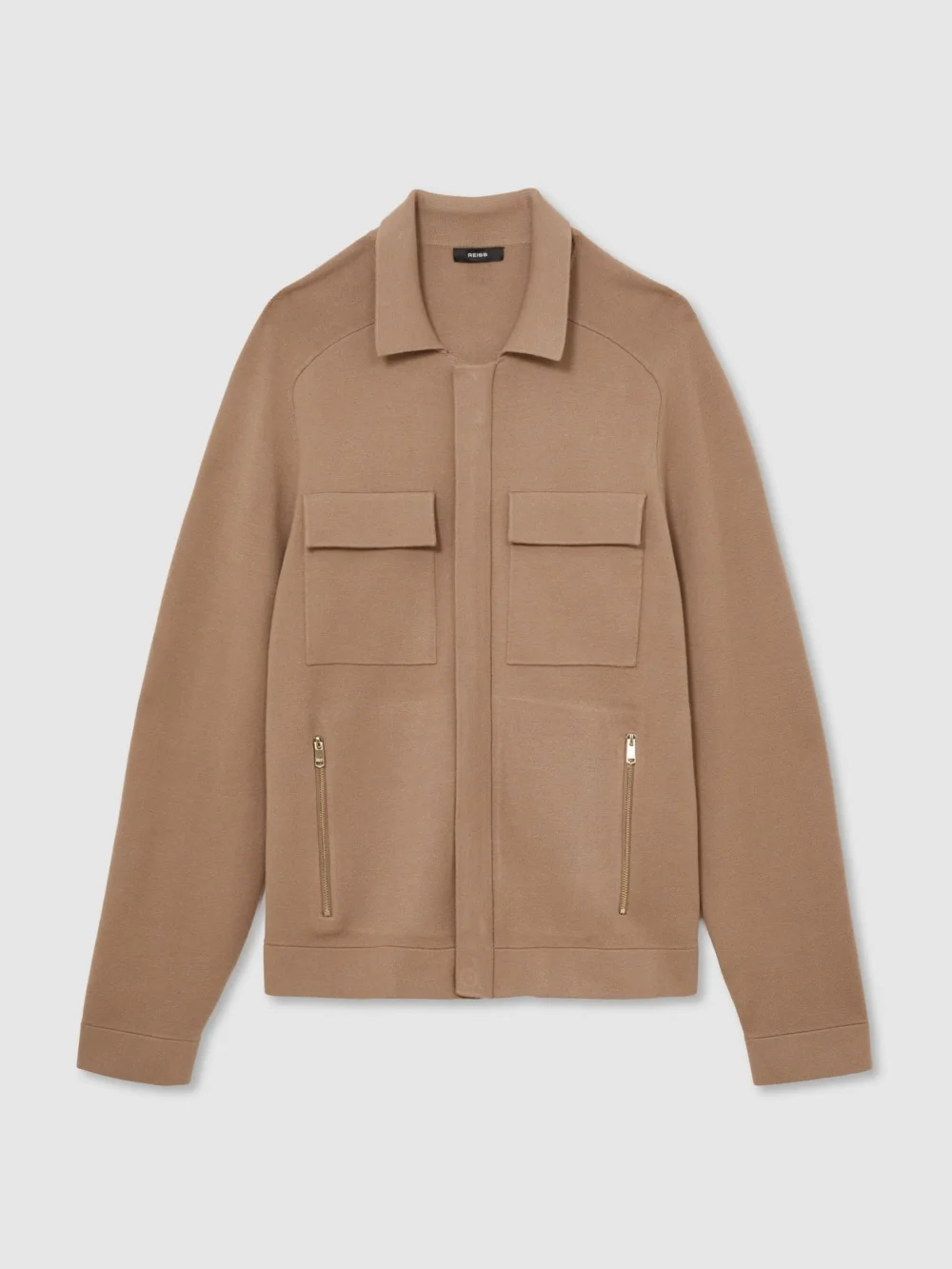 Reiss Camel Brown Twin-pocket Concealed-placket Knitted Jacket, view 2