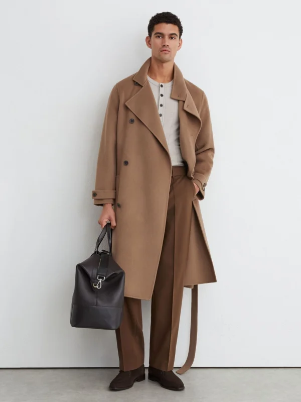 Reiss Camel Brown Wool-blend Blindseam Belted Overcoat