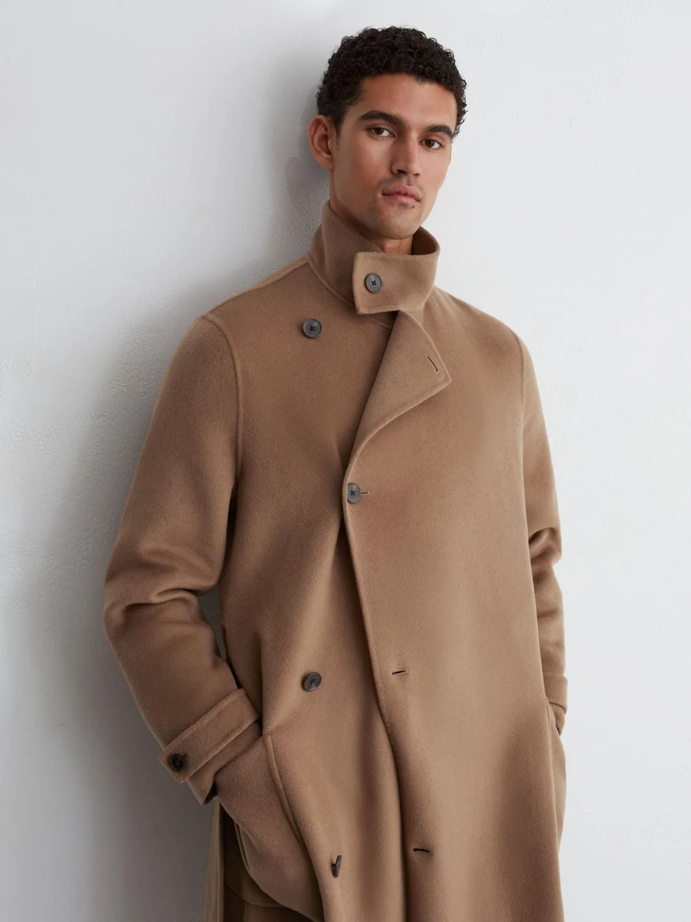 Reiss Camel Brown Wool-blend Blindseam Belted Overcoat, view 4