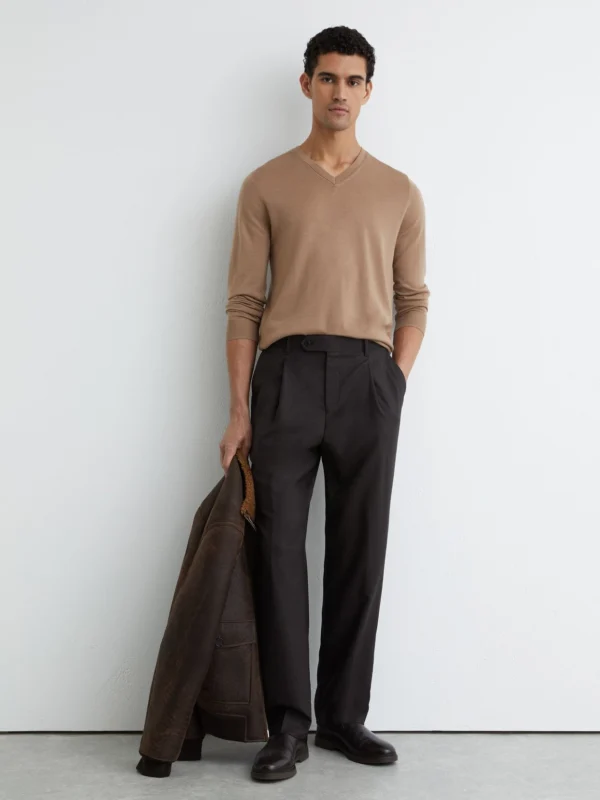 Reiss Camel Brown Wool V-neck Jumper