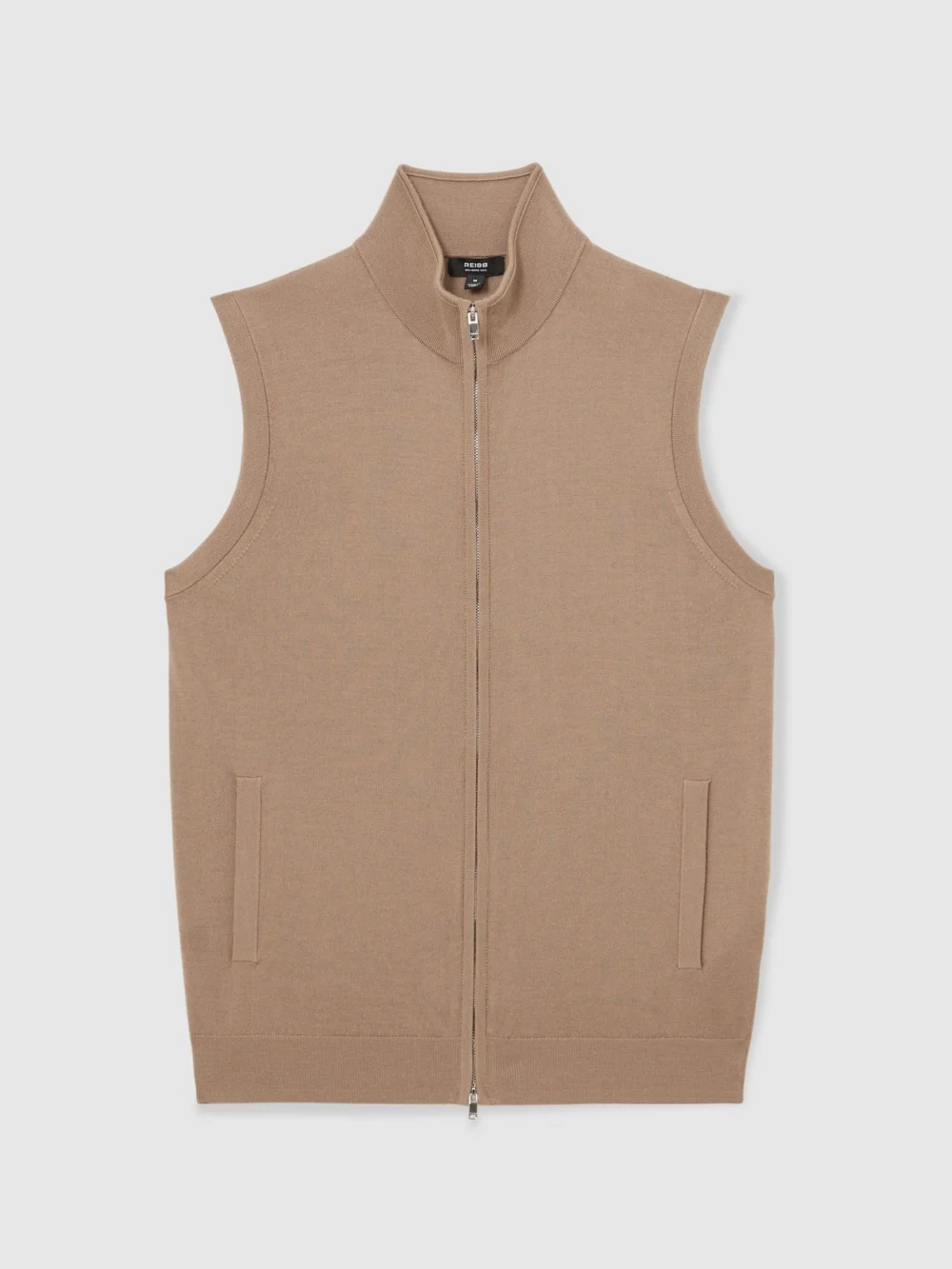 Reiss Camel Brown Wool Zip-through Gilet, view 2
