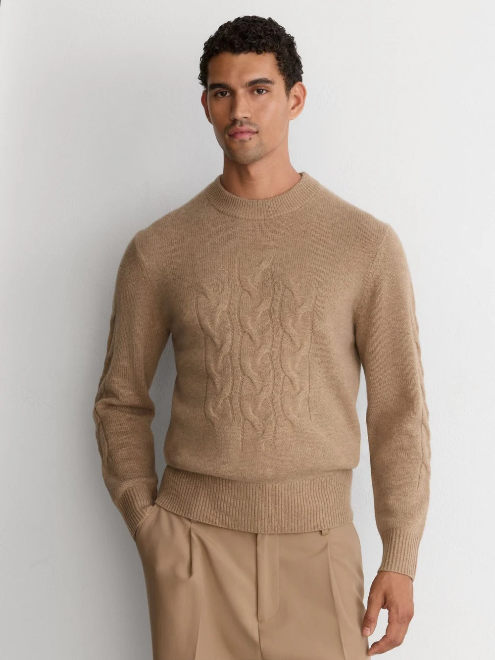 Reiss Camel Cashmere Cable Knit-detail Jumper