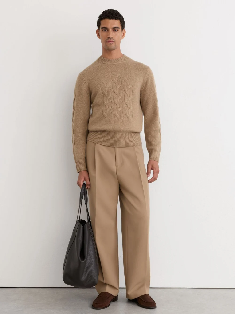 Reiss Camel Cashmere Cable Knit-detail Jumper, view 3