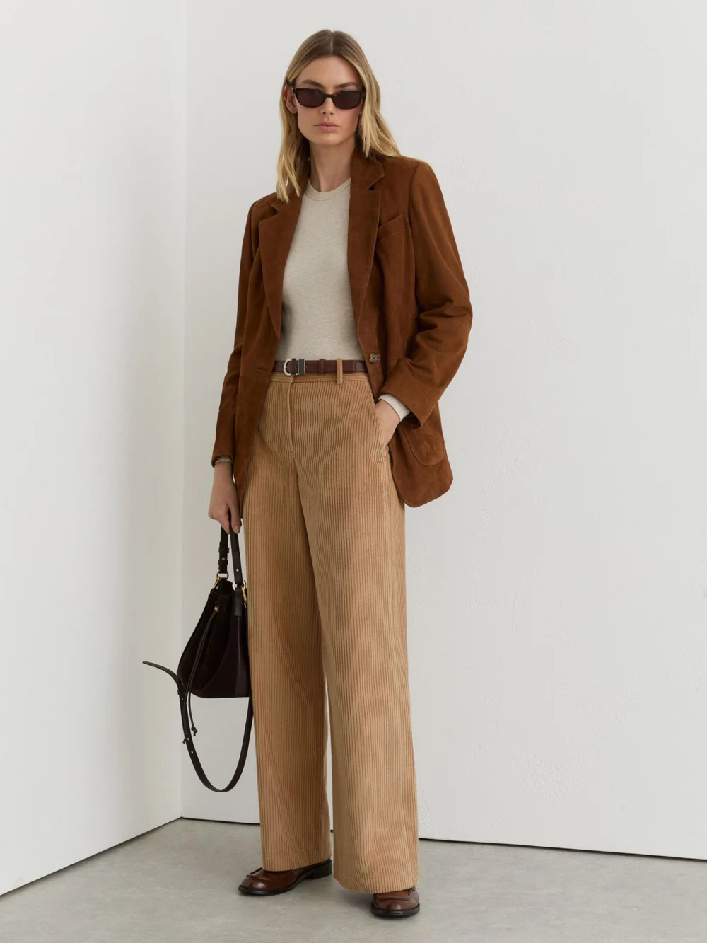 Reiss Camel Cotton Corduroy Wide-leg Trousers, view 5