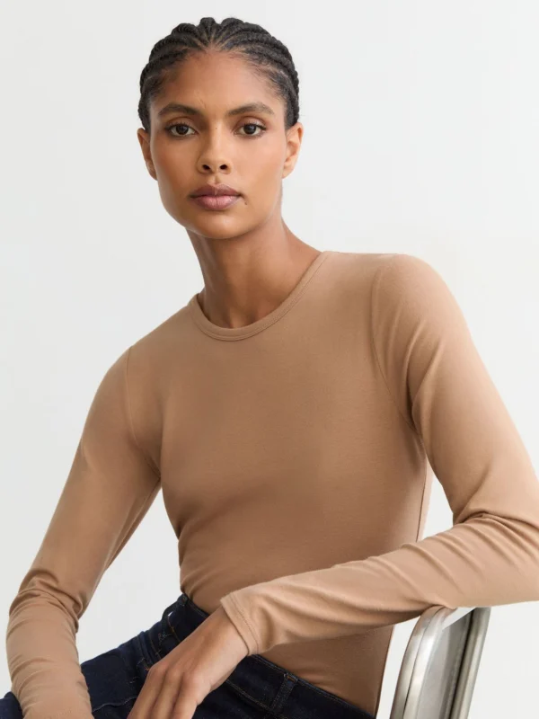 Reiss Camel Cotton Crew-neck Long-sleeve T-shirt with Stretch