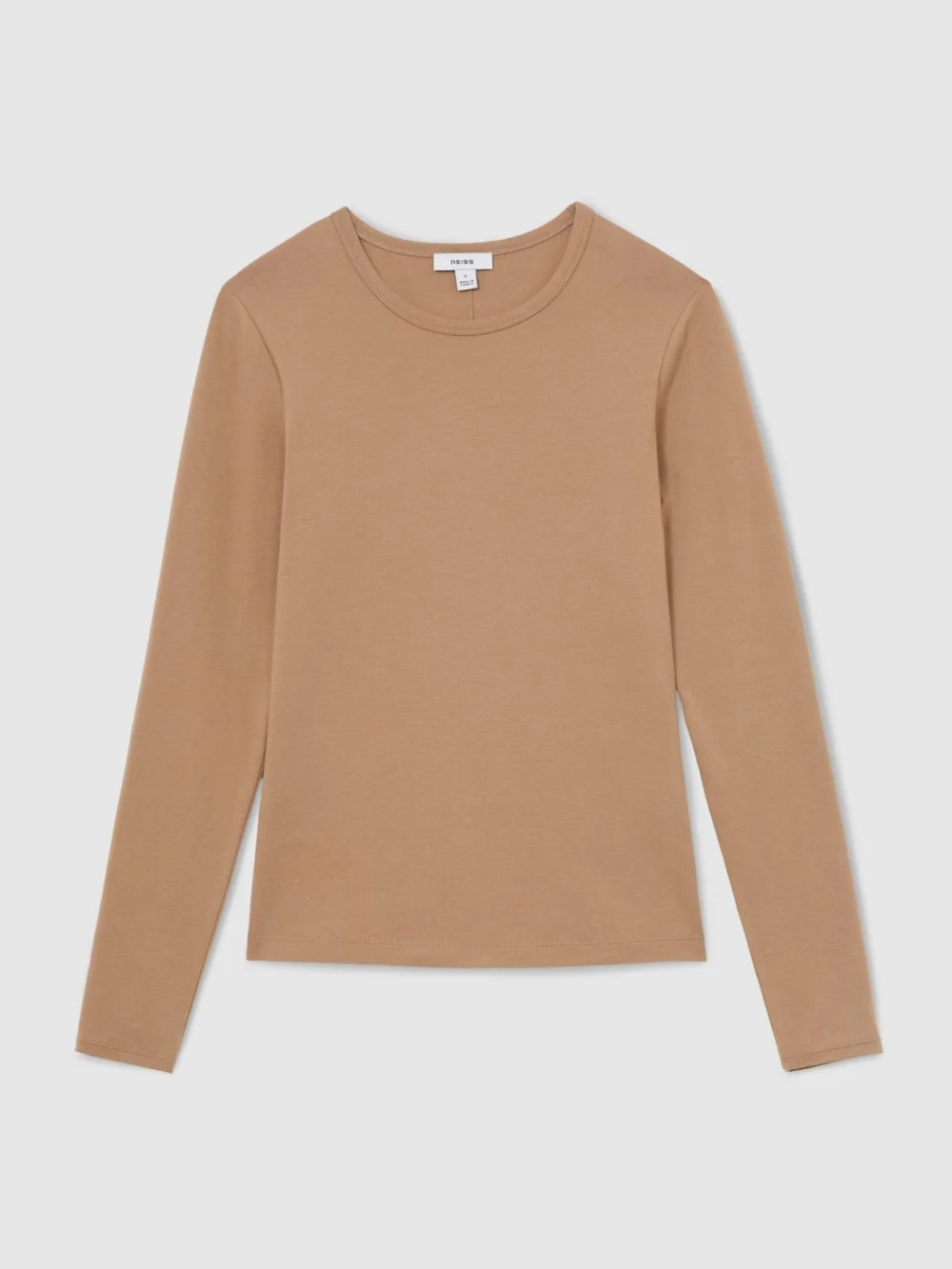 Reiss Camel Cotton Crew-neck Long-sleeve T-shirt with Stretch, view 2
