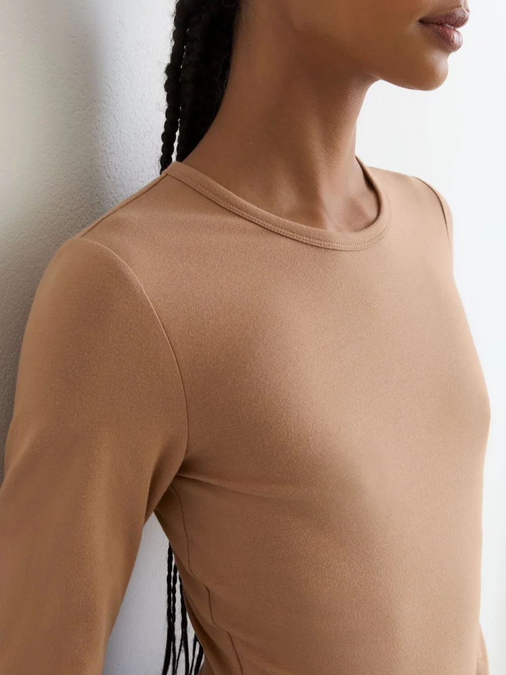 Reiss Camel Cotton Crew-neck Long-sleeve T-shirt with Stretch, view 4