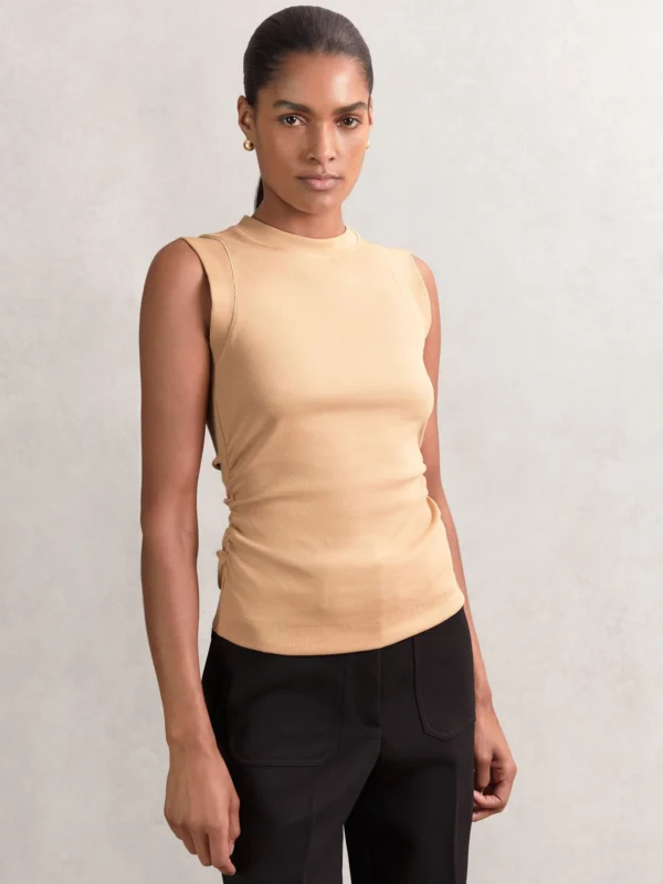 Reiss Camel Fine-rib Ruched Vest Top