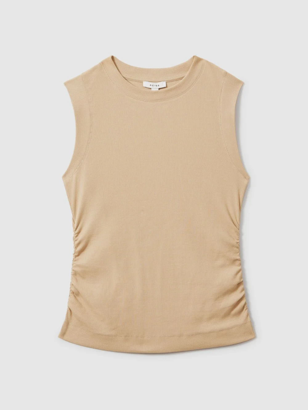 Reiss Camel Fine-rib Ruched Vest Top, view 2