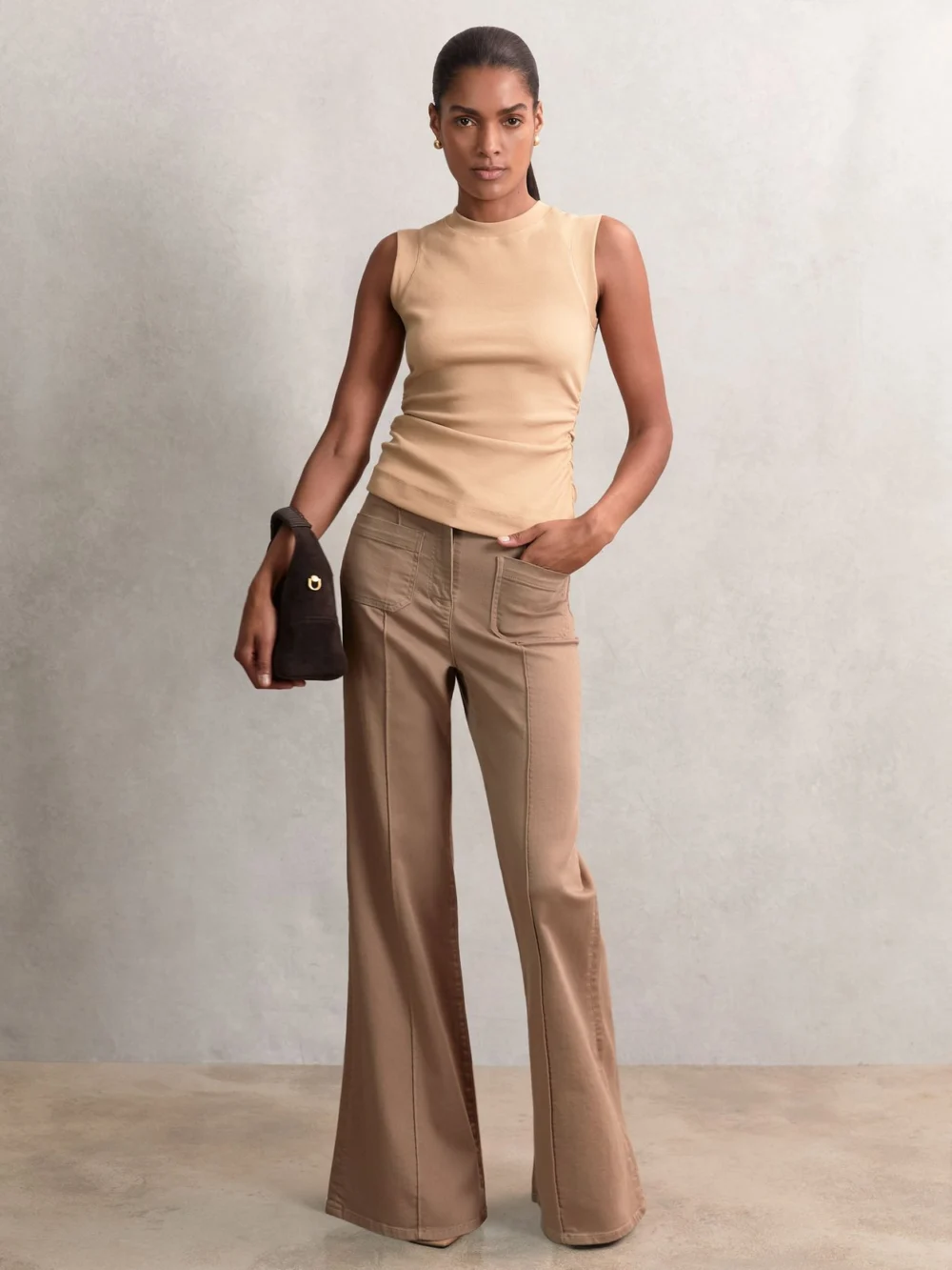 Reiss Camel Fine-rib Ruched Vest Top, view 3