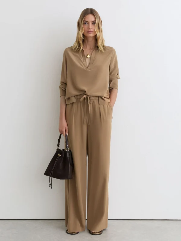 Reiss Camel Matte-silk Wide-leg Trousers