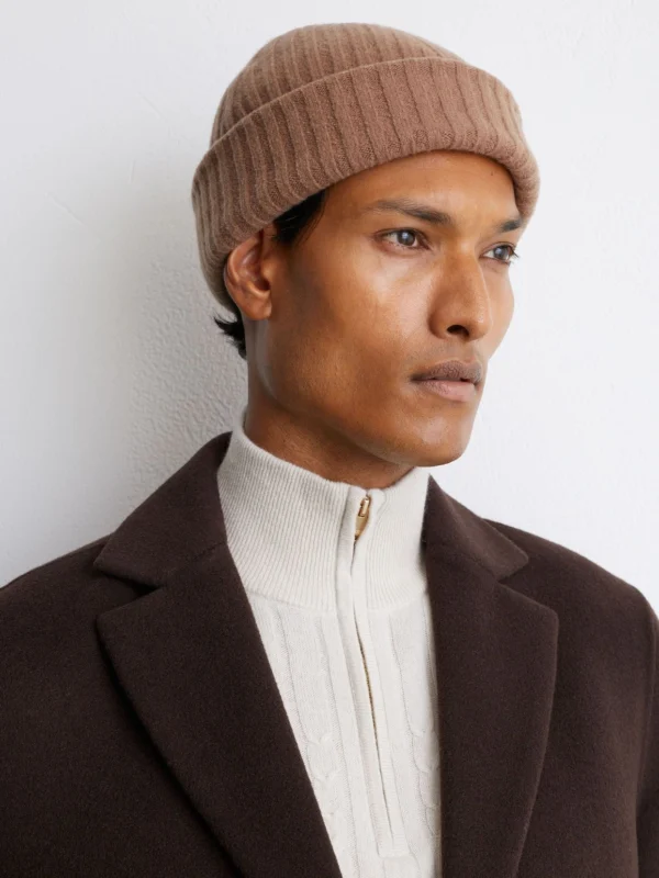 Reiss Camel Merino Wool-blend Wide-rib Beanie,