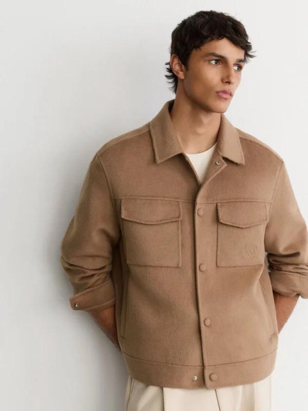 Reiss Camel Monogram Wool-blend Press-stud Overshirt