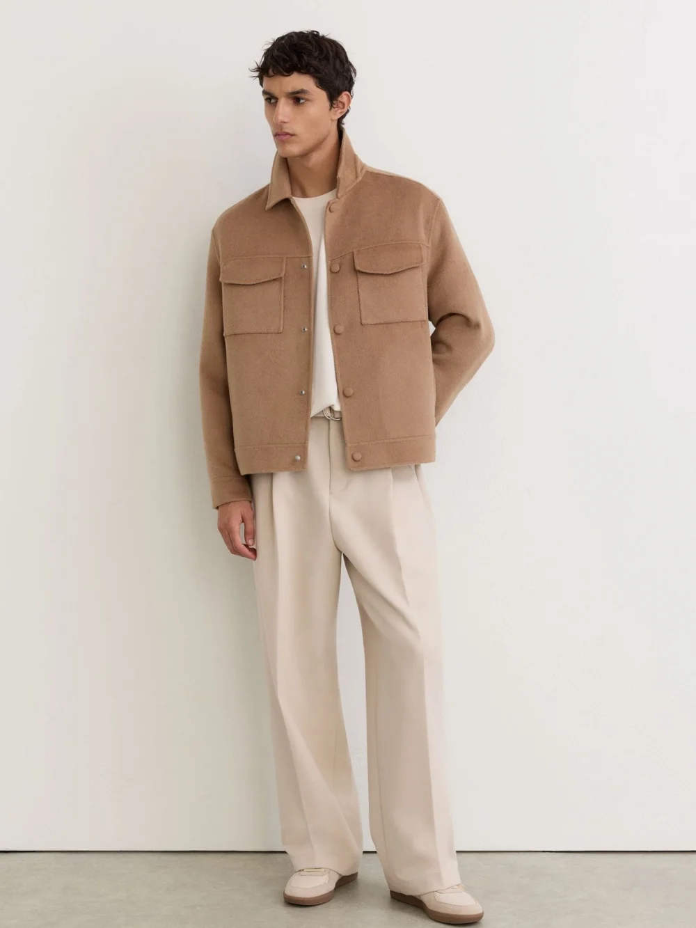 Reiss Camel Monogram Wool-blend Press-stud Overshirt, view 3