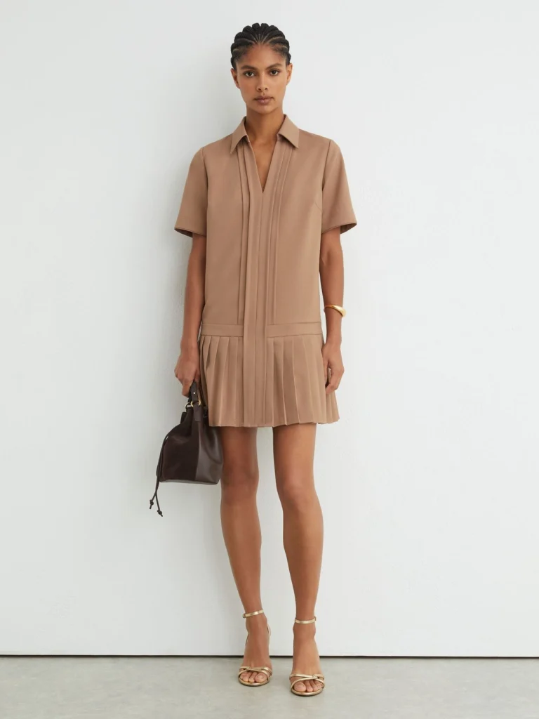 Reiss Camel Pleated-skirt Collared Mini Dress