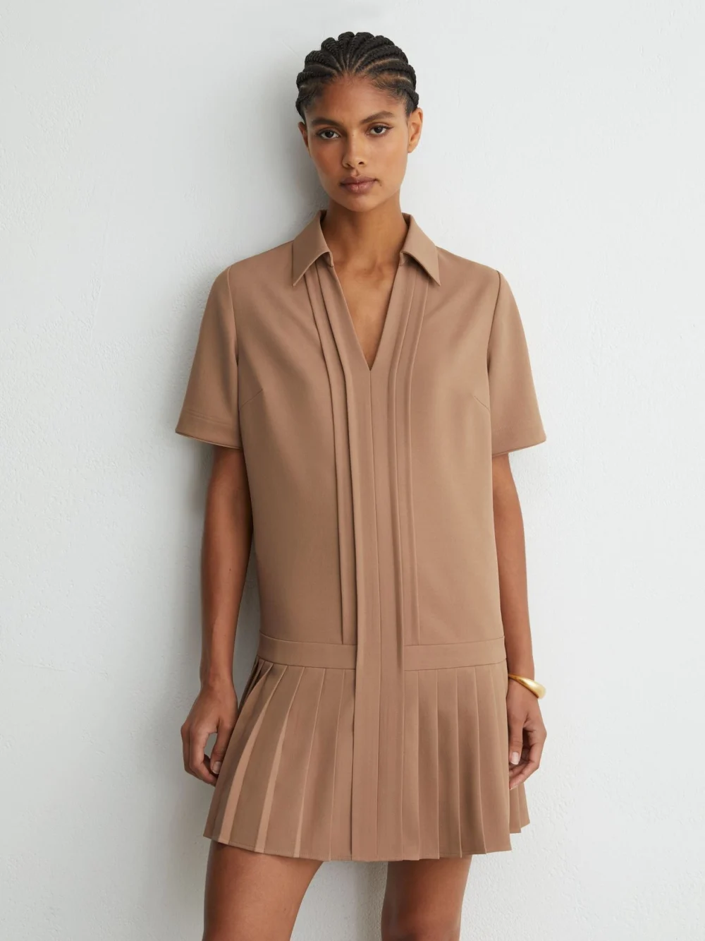 Reiss Camel Pleated-skirt Collared Mini Dress, view 3