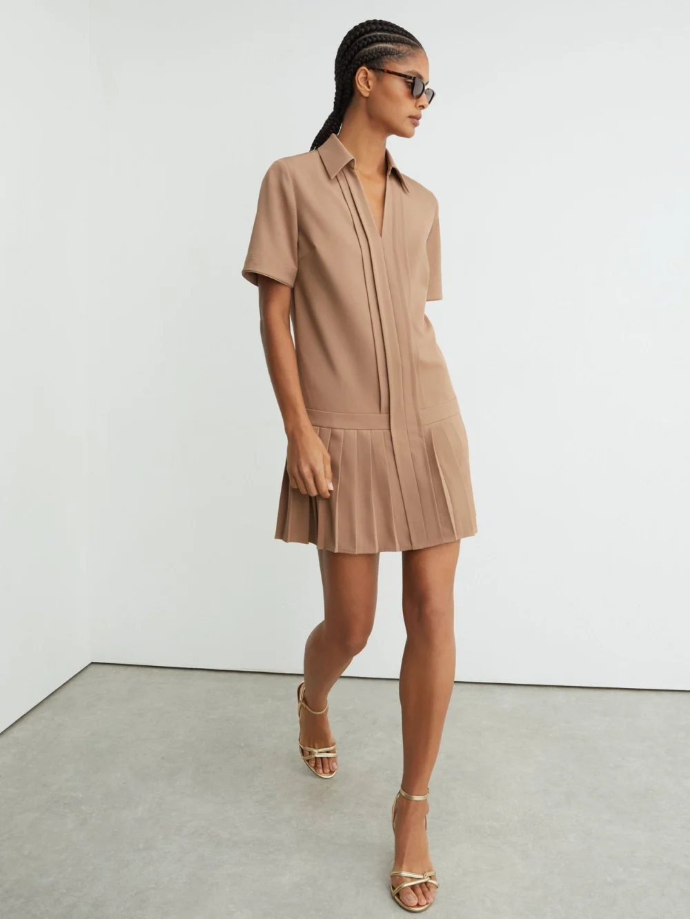 Reiss Camel Pleated-skirt Collared Mini Dress, view 4