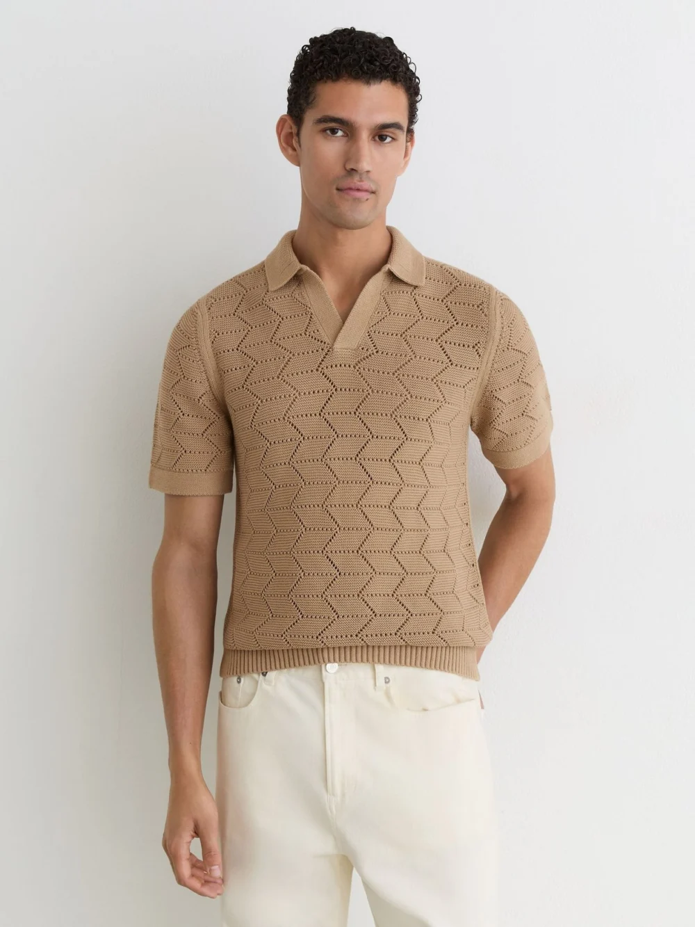 Reiss Camel Pointelle-knit Open-collar Polo Jumper