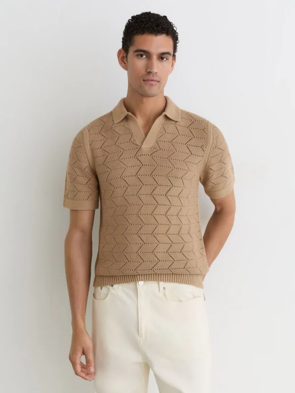 Reiss Camel Pointelle-knit Open-collar Polo Jumper