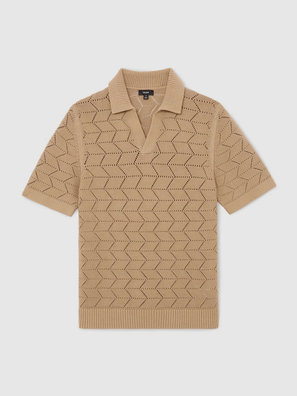 Reiss Camel Pointelle-knit Open-collar Polo Jumper, view 2