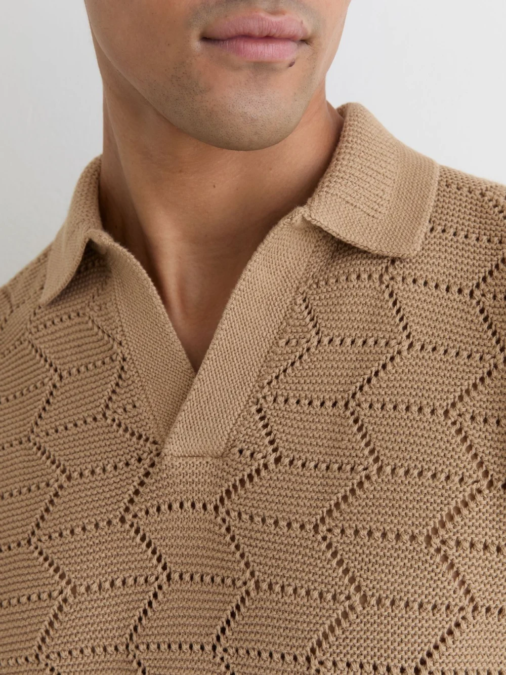 Reiss Camel Pointelle-knit Open-collar Polo Jumper, view 3