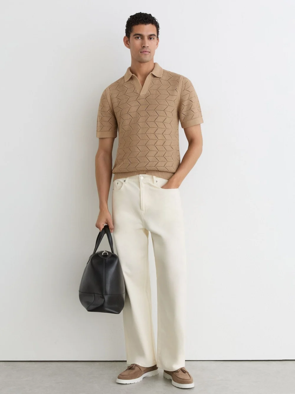 Reiss Camel Pointelle-knit Open-collar Polo Jumper, view 4