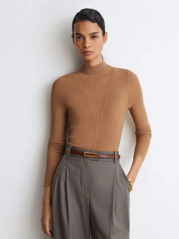 Reiss Camel Sheer-detail Long-sleeve Knitted Top