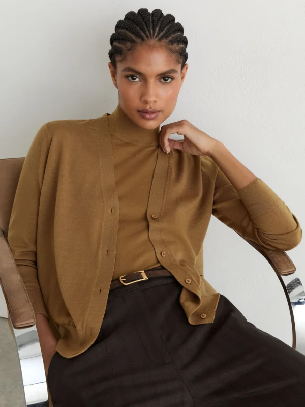 Reiss Camel Ultra-soft Merino Wool V-neck Cardigan
