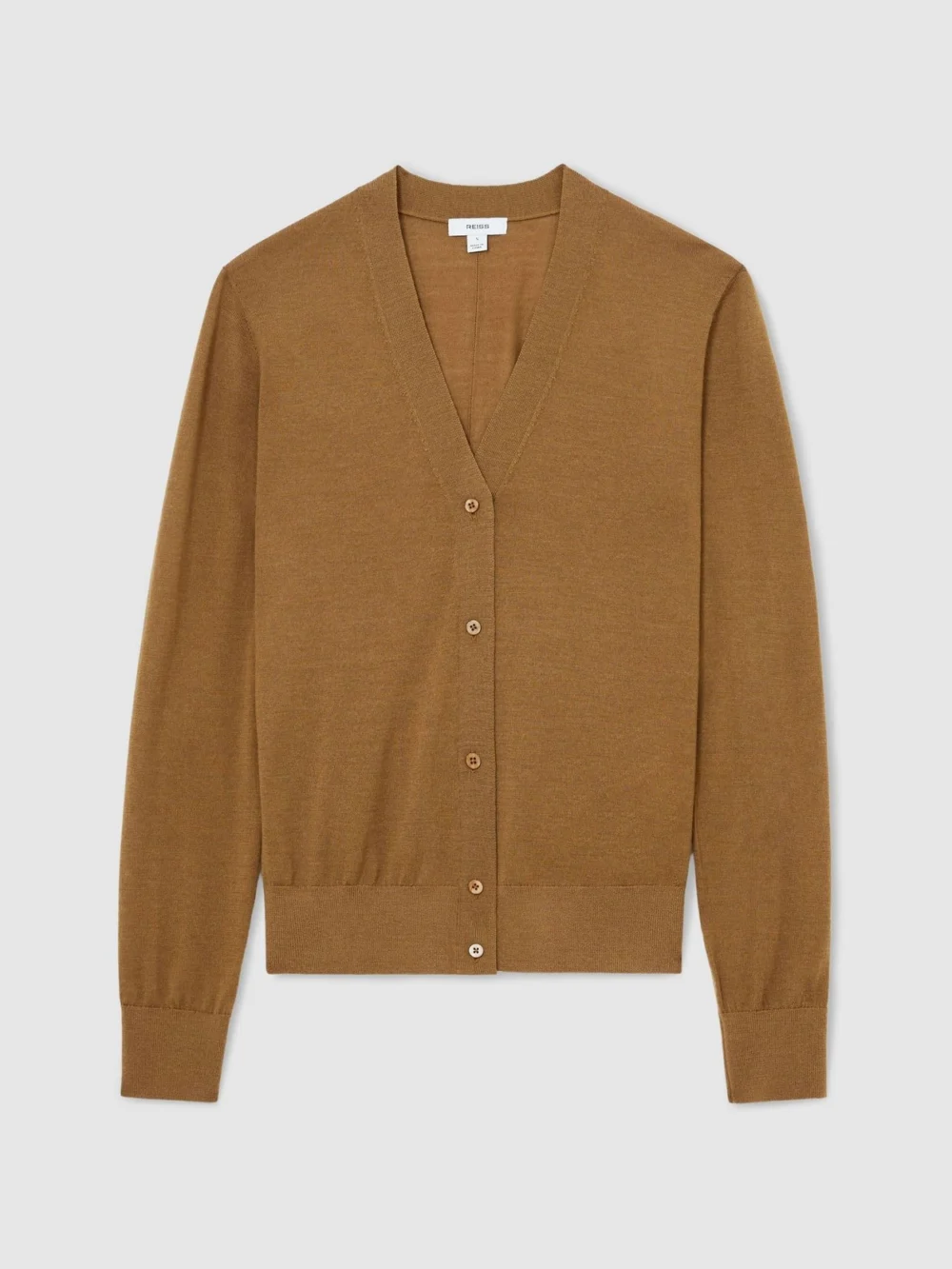 Reiss Camel Ultra-soft Merino Wool V-neck Cardigan, view 2